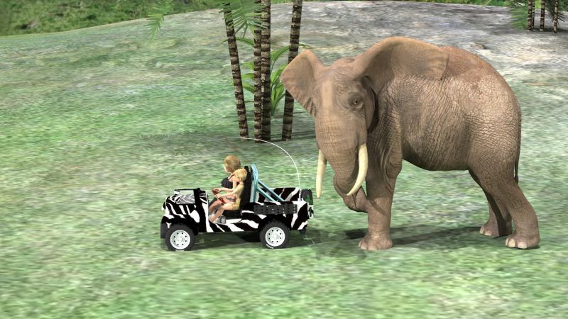 We're on Safari
Angie: I thought you said there were elephants out here.  I don't see any!
Becca:  There are elephants here, just like the brochure says.  They're .... just not around.
Angie:  But you promised  . . .  me  . . .    What's that funny smell.  It's like the odor of rank peanuts!
Becca: Dunno (She looks at Angie suspiciously)
Angie:  Well, it ain't me . . . !


Ralph the elepant:  And to think that such people still walk among us . . . . . .    He thinks as he decides to give the jeep a little nudge.  
