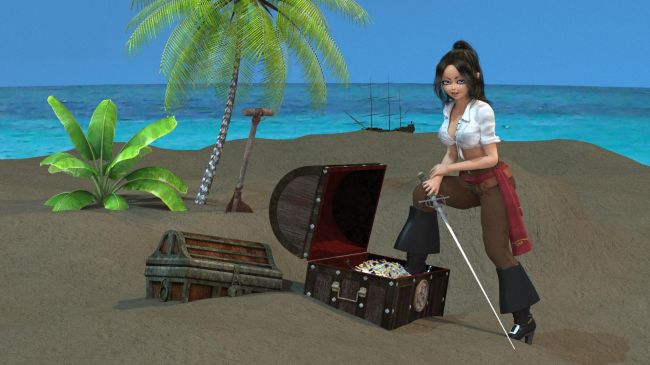 You like my treasures
My Sammie dressed out at a pirate queen.  She kept bugging me to get some facetime, and I was finally forced to give in.  Some of the clothes are hers, and some from Vickie that had been XD'd in order to fit.  Beach set is from ADS, as is the vessel sitting just off shore.   I tried the Superfly rendering engine but it shows up as too dark as opposed to the Firefly.  
