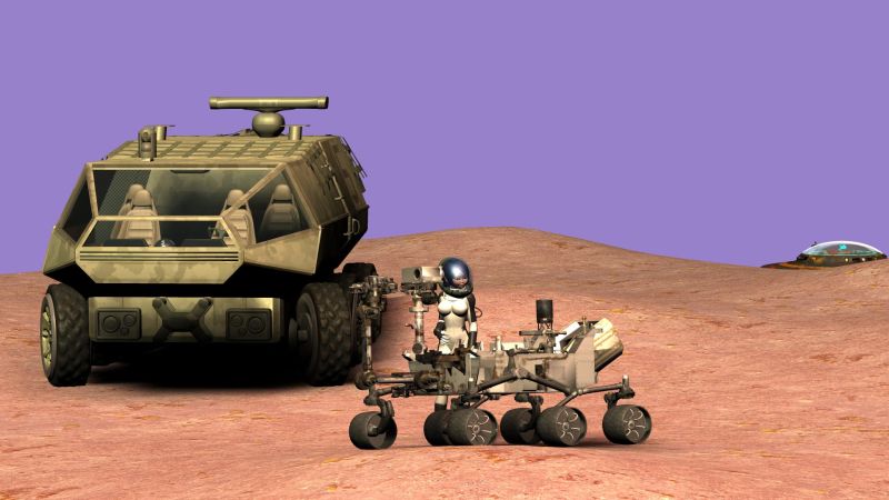 Sands of Mars
"I found that artifact we located on the surface," Science Officer Mindi reported from the surface of Sol IV.  "Judging from the directionality of its signals, it appears to have originated on Sol III," she said in surprise.  "Seems to be some sort of ... nuclear powered, robotic rover.  Can't say much for it's AI though," she snorted disgustedly.  "This thing's dumber that a box of hydrospanners!  After finding this here, I don't hold out much hope for finding intelligent life on Sol III.
