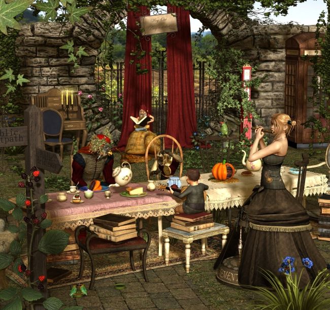 Curious party
Credits:
Moon Gate by Jack Tomalin (DAZ)
A Curious Tea by LaurieS (DAZ)
Amusement by Propschick-Sarsa (RMP)
Dark Wolf Hair by Propschick (DAZ)
Totem The Owls - outfit	 by Arki (DAZ)
The Alchemist by Bobbie25 (DAZ)
Hein and Hartmut by Nursoda (RMP)
Victorian bedroom and desk by LaurieS (DAZ)
Platform Ticket Machine by DryJack
SBRM Parrots of the World by Ken Gilliland (Hivewire)
Brom-Blackberry by Nursoda
British Street Furniture by David Brinnen-ForbiddenWhispers (DAZ)
Enchanted Glade by DM (RMP)
Cake & Pies by exnem (RMP)
SilverKey 3D Monkey by Debra Ross (DAZ)
Hurdy Gurdy Man by Mada-Sarsa-Thorne (DAZ)
Daylily by Lisa's Botanicals (Hivewire3D)
Autumn Elegance by Napalmarsenal (FRM)
Thank you very much for looking and for your nice comments on my previous uploads! 

