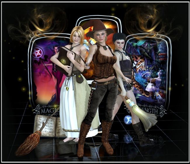 Three Witches
Credits:
SRG Koku by Sidhe Rose Graphics (FRM)
Darby by Art by Athene (FRM)
Felissia	by SWAM
Almirena Dress	by Esha (DAZ)
Common People 1 for Almirena	by Aelin Namarie (FRM)
Omega Huntress X by Luthbel (DAZ)
Eden's Flame and Alchemy II by IgnisSerpentus (DAZ)
Echo Hair and Lemon Hair by Biscuits (RMP)
Hesperia Hair by 3Dream-Mairy (DAZ)
Fractured Realities by Sidhe Rose Graphics (Attic FreeZone)
Essentials Vol1 - The Floors by Fabiana (RMP)
Witch Broom by Summoner (FRM)
Witches Broom by Traveler
The Alchemist by Bobbie25 (DAZ)
The Mage by Ravenhair (DAZ)
Book and pose from Kross Court by DM (RMP)
Thank you very much for looking and for commenting on my previous uploads. It is greatly appreciated. 

