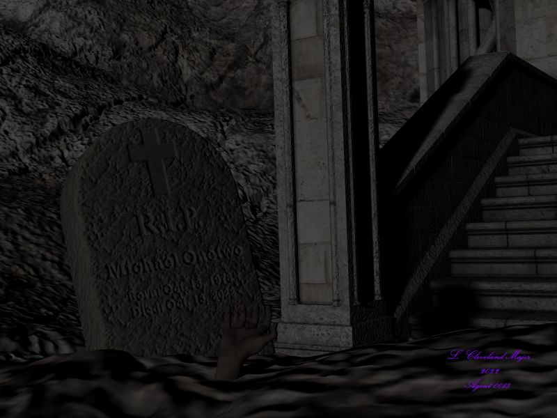 Clawing His Way Out
I modelled a Grave Stone & UV mapped it. Then I made textures for it. I used DAZ's Grim as the figure whose hand is sticking up out of the grave, trying to claw his way out. The environment is Castel Del Diablo, also from DAZ. I purposefully used dim lighting to give the scene a spooky feel. Hope I did alright.
Keywords: Horror Ghoulish Zombie Gravestone Dark Night