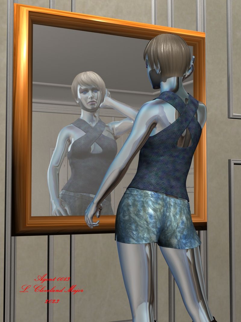 I LOOK PRETTY
Could robots develop a sense of beauty self awareness? What would such a robot consider to be beautiful? How would they judge what of their own appearance makes them beautiful? Why would they even need to be concerned about their appearance?
Keywords: Character Robot Feminine Metallic Nonhuman Mirror