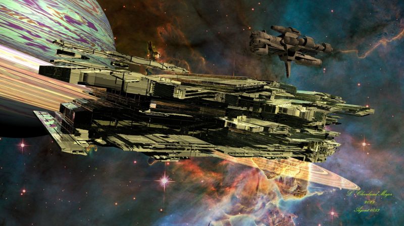 Iceteroid Refinery Ship
Planetary rings are usually made of chunks of water ice and trace minerals. The Iceteroid Refinery Ship harvests Iceteroids from the rings and refines the water out of them. The process leaves the minerals, which bring enough funding to run the facilities aboard the Refinery Ship. The water that is extracted gets sold to worlds and other interested parties, generating pure profit. Tanker ships deliver the product to interested consumers.
Keywords: SciFi Space RingedWorld Spaceship Refinery