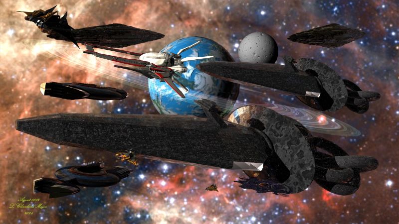 Invading the Tarantula Nebula
As the Greater and Lesser Magellanic Clouds are both under control of a pirate organization, it has become necessary to take the fight to them. A highly advanced new member of the IGA has offered to help, using their Dual Tricollider Ships to carry two entire fleets to engage the pirates. Who will win?
Keywords: SciFi Space Spaceships Megacarriers Invasion Pirate Stronghold