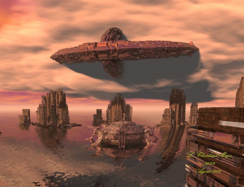 1st Place Winner~It Came From the Clouds
A cloud grew out of the horizon, and then approached the city; looking like a thunderhead, but with no lightning. As the cloud drew nearer to the city, something began to emerge from within it. It seems that the cloud had been used to conceal a very large ship until it got close to the city. At that time, the ship revealed itself, slowly emerging, and striking awe and fear into the citizens. Why was it here, and what was its purpose?

Rendered with Bryce Volumetric Clouds - Time 18 hours 37 minutes
Keywords: 1st Place Winner Sci-Fi Future Clouds Huge Spaceship Visitor Sea City