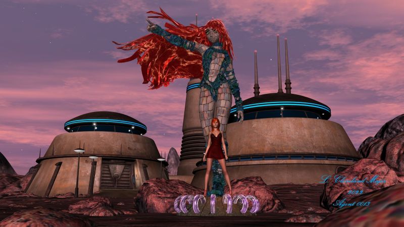 Standing With an Heroic Statue
To me, Aiko 3 will always be a favorite. Now she is immortalized in cobbled stone, increased in size to 250%, and posed in an heroic stance. A young lady stands astride Aiko's left toes. The outpost landscape is adorned with the statue. The statue is adorned with live plant life clothing.
Keywords: SciFi AlienWorld Desert A3 Statue Stephanie5