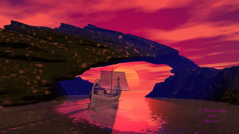 Through the Natural Gateway
Worlds having lots of water, such as oceans have areas where the waters are treacherous to navigate. One bad place on Earth is  south of South America. the Straits of Gibraltar provide a way through. Well on Middle Earth there are oceans of water as well, but to navigate past the worst of them, there may be a strait that has a land bridge through which they can sail. It would be a natural gateway. So on the way to the 'Undying Lands' they go through that gate.
Keywords: Fantasy LOTR Ship Elven LandBridge SettingSun