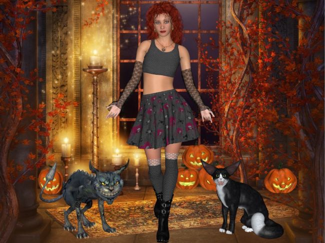 Ready For Halloween
La Femme and her favorite pets are wishing to everyone a happy Halloween.

Credits.
La Femme Pro 1.1, by RPublishing, Blackhearted, Deecey, Nerd, Rhiannon (RMP).
Julia Hair For V4, M4 and La Femme, by RPublishing (RMP).
Cute N Sassy For La Femme, by Glitterati3D (RMP).
LF Ruffian Boots, by RPublishing (RMP).
Catula For The HiveWire House Cat, by NapalmArsenal (HiveWire3D).
Cheshire Cat, Freebie by Summoner (FRM). Thank you very much.
Beautiful Gothic IX Autumn Lights, by Sveva (RMP).
The Pumpkin Fever, by EmmaAndJordi (no more available).

SAOTW ~ 11/02/19
Keywords: People LaFemme Creatures Cats Halloween Fantasy Gothic SAOTW ~ 11/02/19