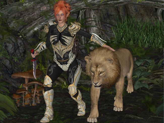 Uncertain Outcome
After the unexplained disappearance of several members of her tribe, this elf girl was put in charge of finding them and finding out what happened.
With the help of her faithful lion, she took in when he was a cub, she found some signs that led her to a mysterious forest where danger seems omnipresent.

Credits.
La Femme Pro 1.1, by RPublishing, Blackhearted, Deecey, Nerd, Rhiannon (RMP).
Selene For La Femme, by RPublishing (RMP).
Tory For La Femme, by RPublishing (RMP).
Blissful Hair G8/V4 And La Femme, by RPublishing (RMP).
Fantasy Armor For La Femme, by RPublishing (RMP).
HiveWire Lion Family, by HiveWire3D & CWRW (HiveWire3D & RMP).
The Enchanted Forest, by Stonemason (DAZ3D).
Tall Grass, by Lisa's Botanicals (HiveWire3D).
Myco-Z 2, by Poisen (RMP).

Keywords: People LaFemme Creatures Elves Animals Lion Fantasy Mystery
