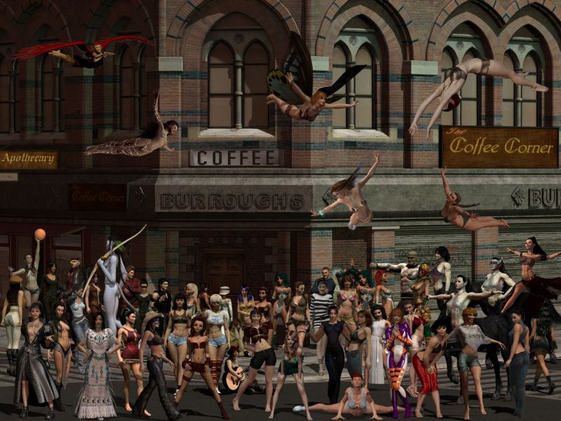 Almost Opening Time At Ye Ole Coffee Corner
Ah the Usual Suspects have gathered!   This was my bid to Neelzonline's concept of "Massively Populated" as he showed it in his thread over at DAZ a coons age ago.  Loved his art, and bought a 30x20 poster print of his LOW TIDE.   

SAOTW ~ 08/14/21
Keywords: Stonemason MassivelyPopulated Neelzonline SAOTW ~ 8/14/21