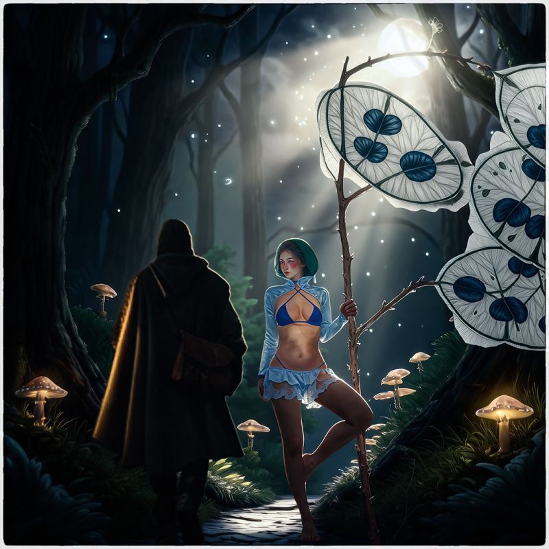 Meeting in the moonlight - from The Tales of Spring
On the way home to the Castle, Spring meets this beautiful maiden

That will be the last of his Tales (maybe there will be more later)
Keywords: Alan,Alan_Hauge,fantasy,sci-fi,moonlight,romance