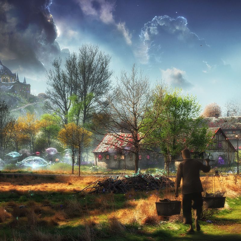 From the Tales of Spring
Spring has been to the market and on his way home 
he enjoys the sight of spring around The Castle.
Keywords: Alan,Alan_Hauge,fantasy,sci-fi,spring,tales,