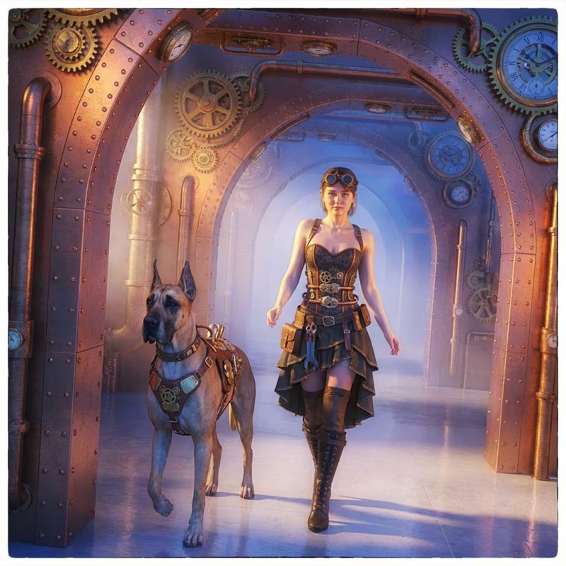 Dawn walking the dog
Keywords: Alan,Alan_Hauge,fantasy,sci-fi,steampunk,dog,