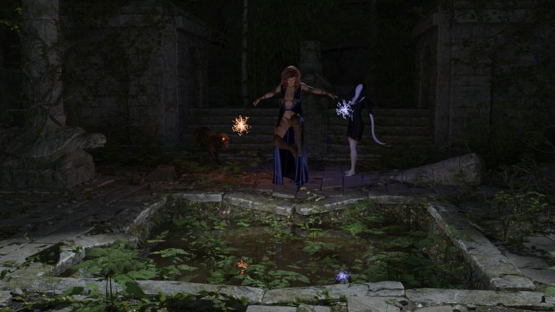 Ambush!
Ceridwyn could feel the approaching daemons. She had stopped the calling as it had not produced the spirit she was seeking.

Leaping upwards, using the weapons she had conjured against the large threat, she cast the scintillating energy backwards. 
