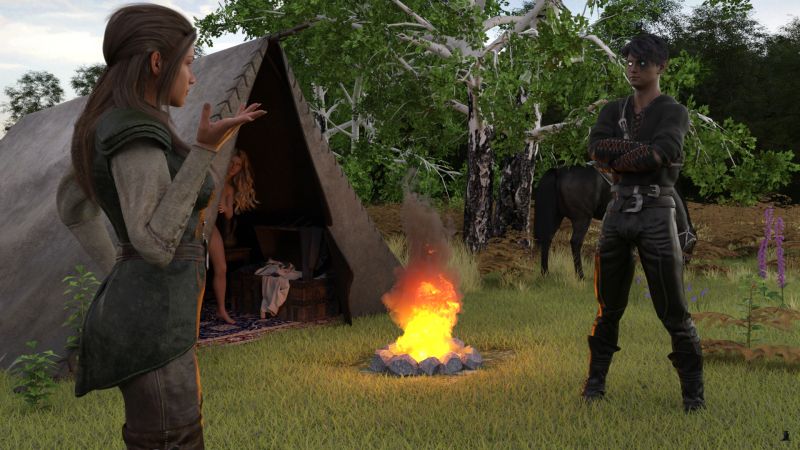 An Energetic Discussion
The interior of Lisdra's tent was a mess.  There was clothing dropped carelessly everywhere.

Olivia took off her party dress, folded it carefully and put it on top of the clothes that were already on a chair.

She could hear a vigorous discussion between Lisdra and Celduin but it was in a language that she only vaguely recognized, as something that she learned long ago but had not used since.

Returning to the front of the tent, she was intending to ask what Lisdra thought she should wear when she saw Celduin's eyes and stopped, shocked into speechlessness.

She looked anxiously at Lisdra who was still speaking heatedly.

And finally, as the discussion raged on, Olivia returned to the tent's interior to look for something to wear.
