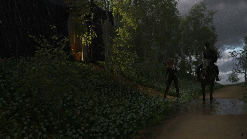 A Short Stop
Rain fell as soon as Celduin rode up the hill to his camp.

He stopped in front of his tent and lifted Olivia to the ground.

"I will return," he said.

Olivia, irritated at being treated like luggage, said, "I thought we were going to High King's Court, where ever that is."

"And why isn't Lisdra going with us?"

"She's a Wood Elf," responded Celduin who then rode his horse onward without another word.
