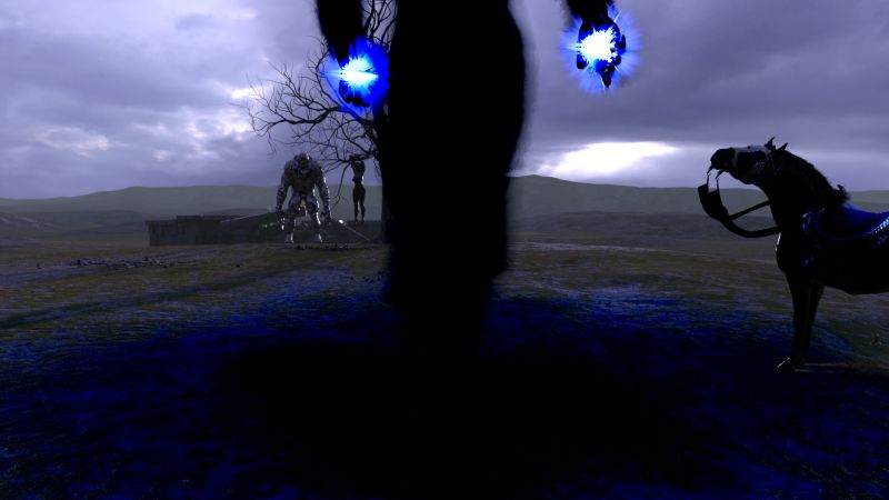 The Change
The shadowy figure that had been Celduin had become so huge that he simply stepped from the back of his well-trained horse.  The horse quickly got out of the path of the striding figure.

All the light around the figure faded to a strange blue.  Twin spheres of energy ignited in the figure's hands as it continued to stride forward.

