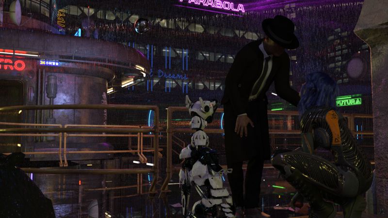 Waiting in the Rain
Elyse looked up at the man who had stopped, asking "Are you OK?"

She couldn't see his face but his voice was kind.

Her companion had not indicated that he was a threat.

The rain roared on.
