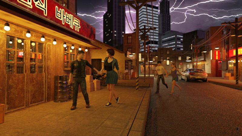A Storm Is Coming
Han-Gyeol and Si-Woo had just arrived on Han-Gyeol's new bike at a very unprepossessing barbecue restaurant.  Si-Woo was more than hesitant to go in.

"It's really good!  Come on.  You'll like it," tried Han-Gyeol.  Taking her hand, he lead the reluctant girl to the door.

The wind had been picking up the whole time and just as he took her hand an immense thunderbolt and cacophonous response split the sky over the city.

Another couple had just crossed the street.

They all dashed inside.
