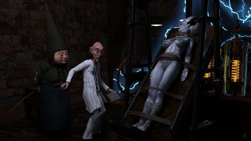 Whisperer in Darkness
Doc F. had just brought his latest invention down from the lightning storm and she was grinning.  This time he didn't even get to do his "Alive!  Alive!  She's alive!" routine.  Usually they didn't grin.

He startled just as there came a whisper from behind him, "Now Victor.  We've talked about making brides, haven't we?"
