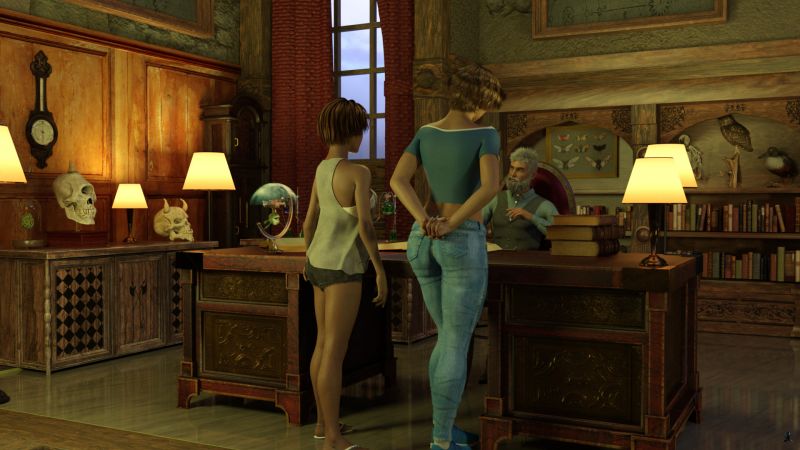 In Trouble Again
Monica and Bianca had been summoned to Dr. Wood's home after school hours.   The butler had taken them down the long corridors of the old house to Dr. Wood's study, far back in the rambling structure.

"Miss Andrioti, this is intolerable.  This is your second offense.  One more and I'll have to expel you."

"And Miss WIlson, I'm astonished that you're involved in Miss Andrioti's adventures.  You've been a model student."

Monica looked suitable ashamed.  Bianca said nothing.

Note that this is a reworking of a contest entry from 2019 that used the Ghost Lights that stopped working in DAZ Studio 4.20.
