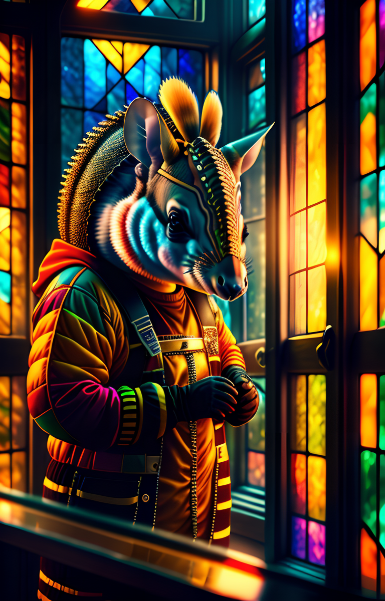 Checking it's clean
Armand Armadillo. Stained glass expert. First of pdg ltd.'s  Art Department creative brain trust at work. Aelin's worried I just keep them locked in the studio all day in order to keep up production. She's probably correct.
