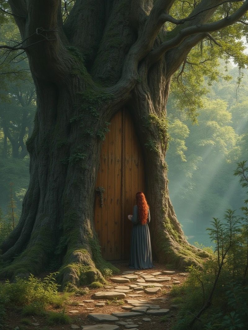 Tree of secrets
Young woman preparing to enter a magic tree.
