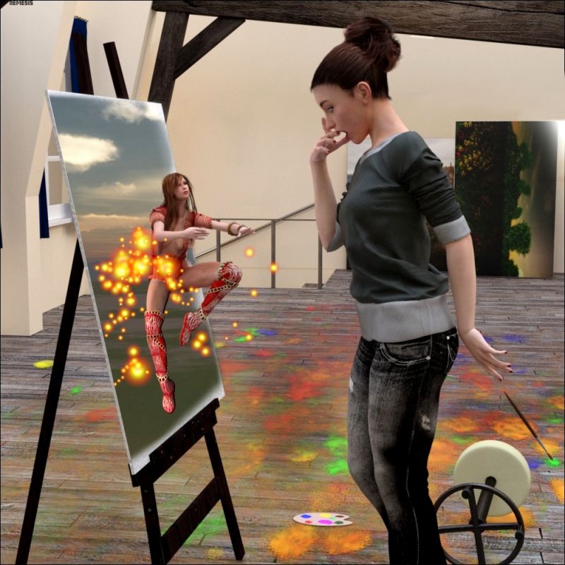 The magic canvas
In the canvas I used the Landascape background by Grange, placed in Members Freestuff and for the painter one of the GF3 Ordinary 10 poses by Angells Graphics in Attic's Free Zone.
