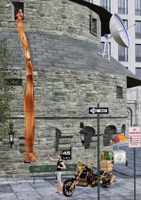 Rapunzel's social distanced groceries
Covid hit almost everyone pretty hard, but Rapunzel has been doing the social distancing thing for years. She has lived there since she was a child watching the city grow up around her  doorless tower.  Rapunzel is the modern working woman,  working , banking, and talking with her friends online.  In the evenings, she enjoys watching Satellite tv, and when she needs supplies she pays for what she ordered with her credit card.   When the delivery people arrive with her order, she clips her basket to her hair, and awaits the familiar call.  "Rapunzel, Rapunzel, let down your hair"
