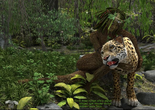 A wood nymph and a jaguar
A'ashal, was a wood nymph with a special bond with Joran, the jaguar she had found lost and alone as a cub soon after human hunters had come to the forest. She raised him and now he helps her to protect her woods from harmful invaders but also comes to her when she needs a friend to talk with.

