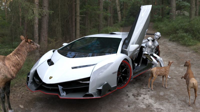 Close Call
Unit m356 was test driving a rare 200 year old restored Lamborghini diablo through the woods when she nearly hit a family of elk in the woods. A.I. drivers are getting better year after year, but they still have  to be able to react safely to unexpected situations such as animal families crossing in front of them.

