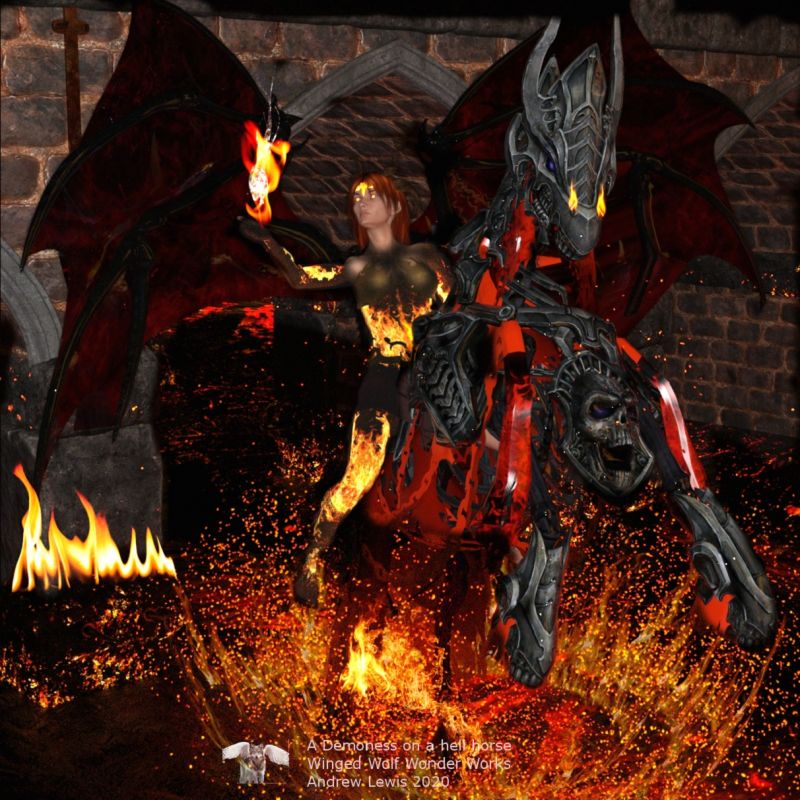 Demoness on a hell horse
A demoness rides through the firey depths on a flaming hell horse.

Made using the hellhorse freebie  by Summoner on the attic free zone

