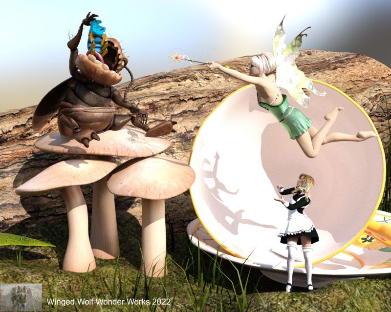 Drop the bug
Alice was quite upset. she had been shrunk to three inches tall, almost drowned in her own tears, and laughed at by talking flowers. Just as the weird caterpillar was about to tell her how to become large again,  Bugsy the roach decided he would make a tasty snack.  Luckily Tinkerbell was in the area. She held her wand out, ready to zap. "ok, roach, drop the bug and nobody gets hurt."  Will Alice get back to her normal size and back home out of this weird place?
