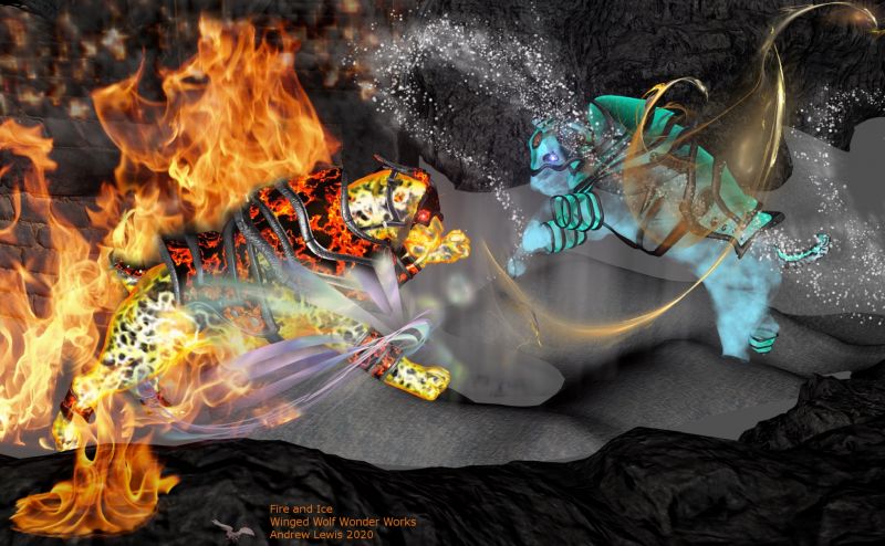 Fire And Ice
In ancient Chinese mythology, There are 5 mystical tigers, each master of his domain.

Yellow Tiger, Supreme ruler over all and symbolic of the sun.
Red Tiger, Ruler of the Summer, and master over fire elementals
Blue tiger, Ruler of the Winter and master of Water Elementals
Black Tiger, Ruler of the Spring and master of Earthly elementals
White Tiger, Master of the Autumn, and master of the metallic elementals.

 The strongest of Yellow Tigers sons, Summer and Winter, Fire and Ice battle constantly, each fighting to replace the other year after year, millenia after millenia,  vying for ultimate control of the earth.   When Blue tiger (Winter) defeats red tiger (Summer), he is often strong, blowing cold and snow around to ensure he stays ruling the Earth. After a few months he gets complacent so he allows his weaker brother Black tiger (Spring) to rule in his stead.   After a few more months, Red Tiger has recovered from his wounds and challenges Blue Tiger once again, where upon he defeats winter and rules supremely on earth, using his powers of heat and flame to prove his rule over all. 

However he too becomes complacent a few months later so he allows his younger weaker brother White Tiger (Autumn) to temporarily rule while he rests, until the next time Blue tiger attacks and wrests control of the world from him.   Thus are the seasons of the world created in this eternal battle between two equally matched tiger brothers while their father Yellow Tiger, the sun watches over them all.
