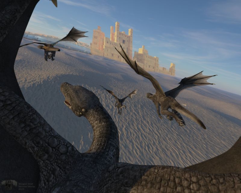 3rd Place~Desert Flight
A flight of dragons approches the city near the oasis in the desert
