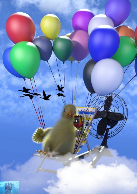 Flying first class
Flapping is for suckers. Charles Duckins found an easier way to fly south. He just sits and relaxes while his fan powered balloon chair takes him quickly through the clouds while the other birds struggle to drag themselves along through the sky with their own wings.  
