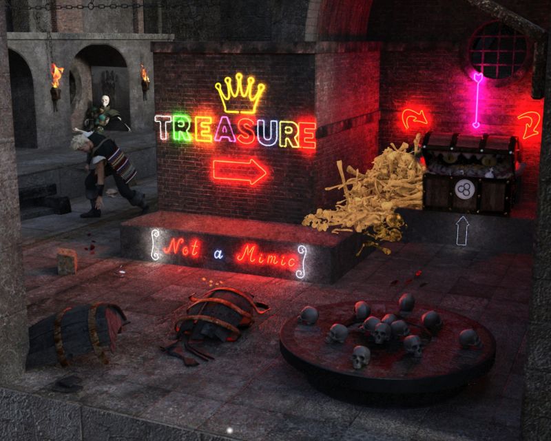 Not a mimic
The mimic was getting hungry and kept eating the local goblins. in return for not getting eaten, the goblins made up a sign showing where there was treasure (Not a Mimic, honest) and laying a trail of that useless gold junk adventurers like to pick up for some reason. The mimic gets easy meals, the goblins get to keep the stuff the adventurers were wearing or carrying and the pests from above are eliminated from the catacombs for a while.  It's now a win win for the Mimic and the goblins.

