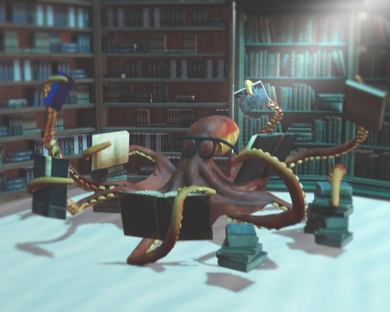 Octobooks
Oliver Octopus loved to read. With his tenticles in a book, he can let his mind wander in the clouds, imagining he is part of the stories in his books. Now that his 20 cases of waterproof books he ordered finally got delivered, he can enjoy a lot of them all at once in his watery home, and he doesnt have to climb out onto dry land to read any more.
