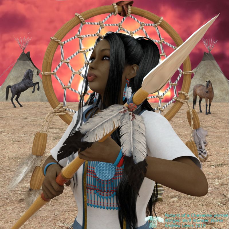 Portrait of a Cheyenne woman
The Cheyenne are a proud people who originally lived south of the great lakes during the 1600's but were forced to migrate west to the plains of South Dakota because of conflicts with the Mohawk and Iroquis tribes, where they eventually became buffalo hunters.   Although most Cheyenne woman did not participate in fighting, there are several examples where the women of the tribes took up arms against their enemies alongside the males.  According to Cheyenne history, Buffalo Calf Road Woman (1844-1879) knocked General George Custer from his horse June 25-26 1876) resulting in his famous last stand at the Battle of Little Bighorn.
