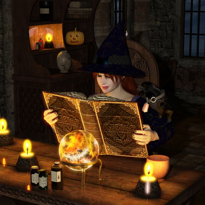 Reading by Candle light
Matilda kept getting surprised by her familiar, Shadow because every time she gets engrossed in her books, he suddenly appeared, silently landing on her arm.  A LOT,   He still lands on his favourite perch and still points out his favourite spells in her grimoire, but at least now, with his new shiny bell on his collar, she can hear him coming.
