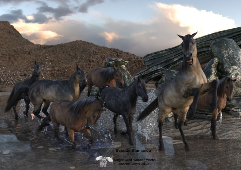 Seaside Stampede
A herd of wild horses running through the surf on the beach.
