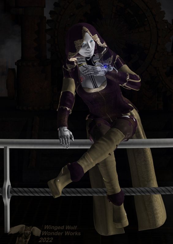 Steamworks friends
Lilly the android likes to explore the old steam works  where she was created when no one is working.  Tonight she discovered an unexpected friend, a little clockwork spider that had been living amongst the gears and pipes of the factory.
