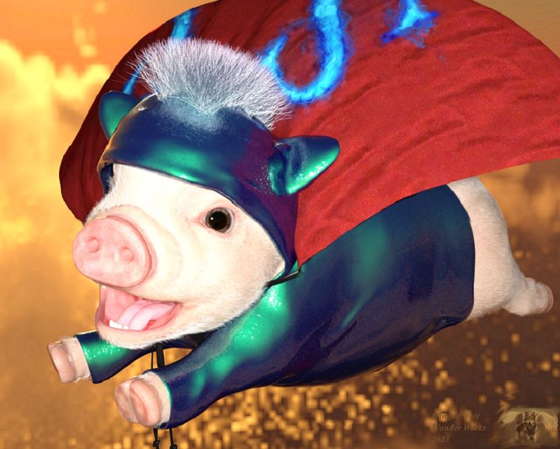 Super Pig
Porkchops was just a mild mannered piglet until that fateful day when he discovered a fancy blue suit behind the barn. He put it on but hasn't been able to get it off again. Now he's still Porkchops the mild mannered piglet, but he has a cool super suit, so he might as well be Super Pig, acting like a super hero for the other barnyard animals until someone can figure out how to remove it. His brother Ham and his sister Bacon still think he's weird, but his cousin Sausages thinks he's great.


