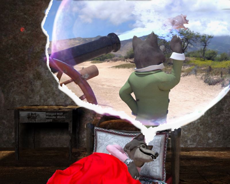 Sweet Dreams. When pigs fly.
Still upset about how the three little pigs pigs beat him, the Big Bad Wolf dreams his revenge, namely making pigs fly. With a cannon.mua hahahaha.
