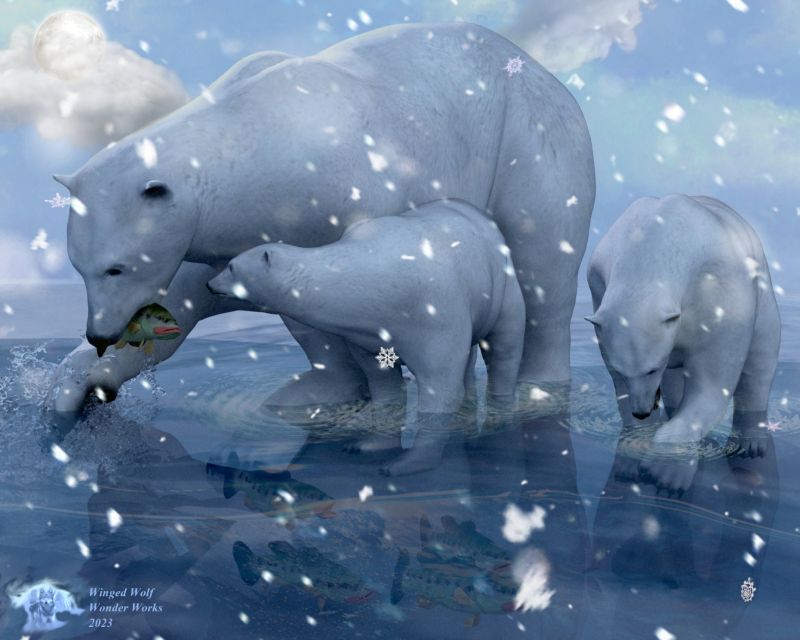 Teaching the cubs to fish
A polar bear is teaching her two cubs how to fish somewhere in the Arctic.
