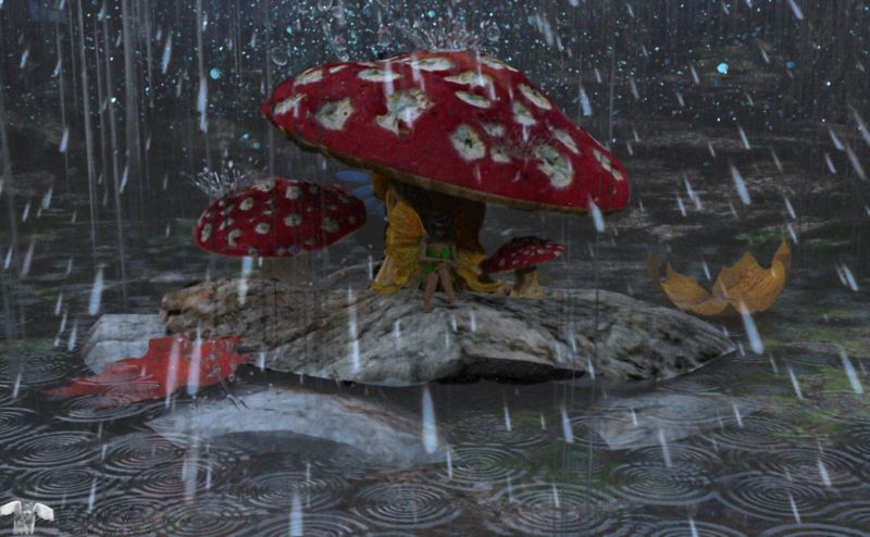 Caught in the rain
April showers bring giant rain drops from this poor unfortunate fairy's perspective. she can't fly because the drops can easily hurt her delicate wings, but at least she found this convenient mushroom to shelter under until the storm has passed
