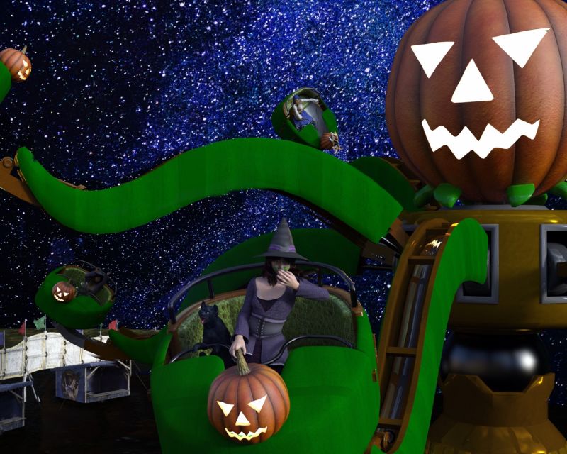 Turning a little green
Marion and Dexter thought the the Great pumpkin patch ride at the Halloween carnival looked like fun, but shortly after it started they realized their mistake.  Marion soon felt sick and hoped this horrible ride would be over soon, and Dexter dug his claws in and held on for dear 9 lives.   Dexter vowed never to go on these crazy human rides with his witch again. If Marion wants to ride any more of these carnival contraptions, she can go do it herself, he will just sit on the ground and watch where it's safe. 
