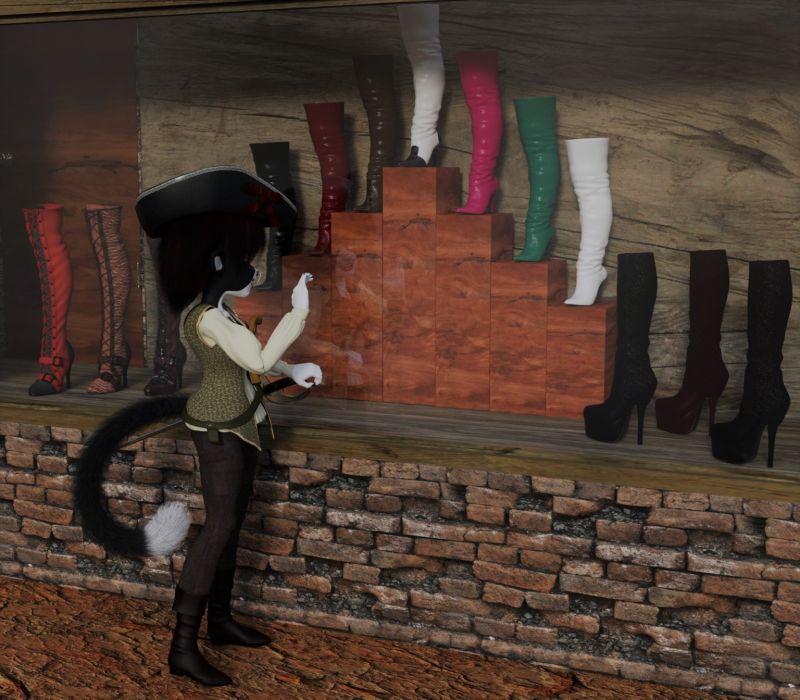 Kitty in Boots
Kitty is not the adventurer like her grandfather. Her idea of a grand adventure was to seek and find a pair of boots she did not own. Even with her closet full to capacity she firmly believed there was always room for one more pair.
She is an excellent shot with her dual pistols and most proficient with her sword and may heaven help anyone who gets in the way of her next find. 
