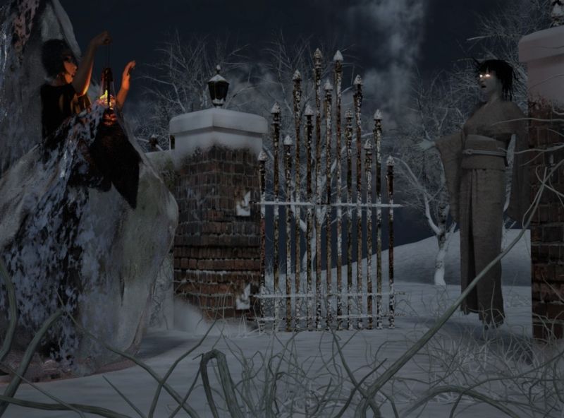 Sound in the Night
Hearing the sound of what may have been a small frightened child, the women grabbed a lantern and headed out into the dark cold winter night. As she approached the front gate of her property she saw her waiting there, very pale and weathered with an ominous stare from her glowing eyes. She had been waiting, hovering above the ground, Yuki Onna had found her next victim.
